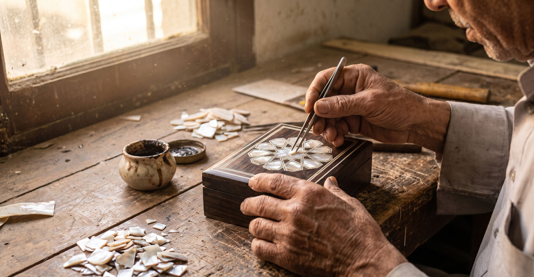 An artisan setting mother-of-pearl tiles by hand