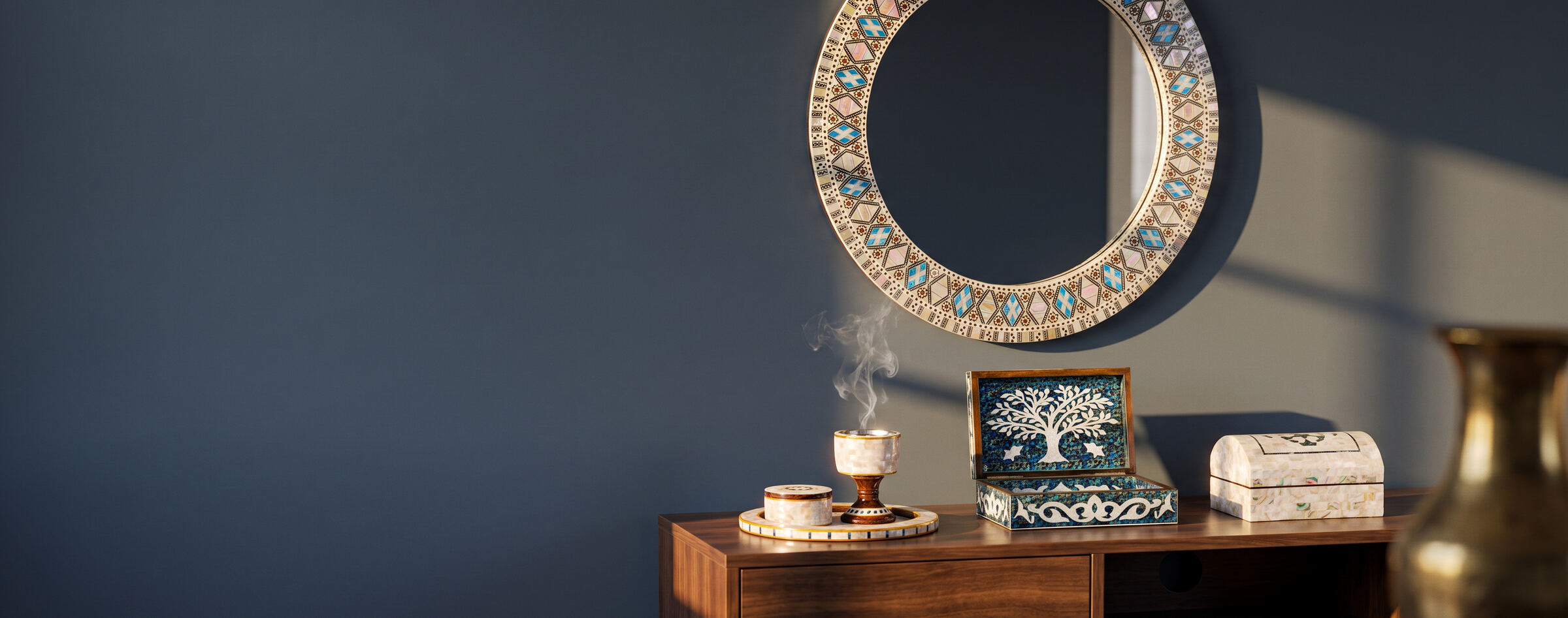 Hand-inlaid mother-of-pearl pieces on a walnut console